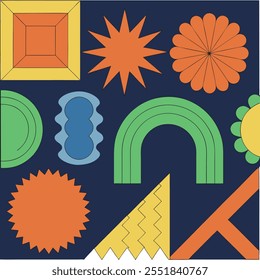 Abstract geometric shapes and icons. Brutal modern contemporary figure arch cloud vawe star oval spiral flower circle and other primitive elements. Swiss design aesthetic. Bauhaus memphis design.