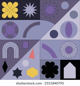 Abstract geometric shapes and icons. Brutal modern contemporary figure arch cloud vawe star oval spiral flower circle and other primitive elements. Swiss design aesthetic. Bauhaus memphis design.