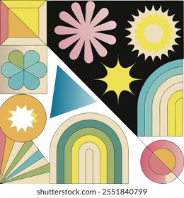 Abstract geometric shapes and icons. Brutal modern contemporary figure arch cloud vawe star oval spiral flower circle and other primitive elements. Swiss design aesthetic. Bauhaus memphis design.