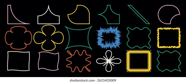 Abstract geometric shapes and icons. Brutal modern contemporary figure arch cloud vawe star oval spiral flower circle and other primitive elements. Swiss design aesthetic