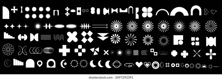 Abstract geometric shapes and icons. Colorful groovy brutal figures. Modern Swiss design aesthetic.
