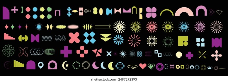 Abstract geometric shapes and icons. Colorful groovy brutal figures. Modern Swiss design aesthetic.

