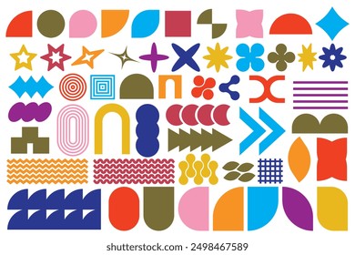 Abstract geometric shapes and icons. Colorful groovy brutal figures. Modern Swiss design aesthetic. Vector illustrator. 