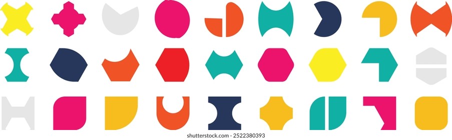 Abstract geometric shapes and icons. Colorful groovy brutal figures. Modern Swiss design aesthetic.