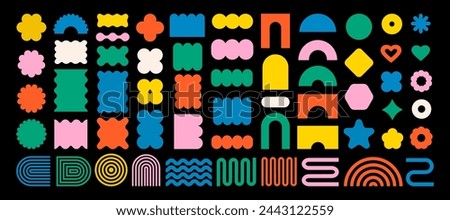 Abstract geometric shapes and icons. Colorful groovy brutal figures. Modern Swiss design aesthetic.