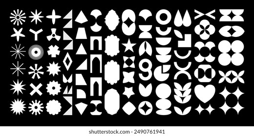 Abstract geometric shapes, icons and grids. Minimalist, brutal, Y2K, bauhaus style. Ultimate set of vector images of fashionable modern graphic elements and primitive of the raw contemporary figure.