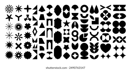 Abstract geometric shapes, icons and grids. Minimalist, brutal, Y2K, bauhaus style. Bundle set of vector images of fashionable modern graphic elements and primitive of the raw contemporary figure.