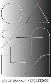 Abstract geometric shapes including circles, squares, triangles, and arcs, rendered in a metallic silver gradient on a dark background.