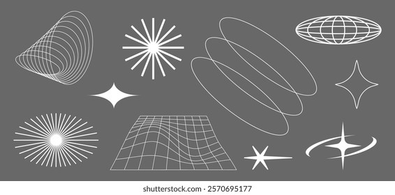 Abstract geometric shapes, including stars, grids, and ellipses, on a gray background. Geometric designs and abstract patterns create a modern look. Cool geometric shapes, element set. Vectors.