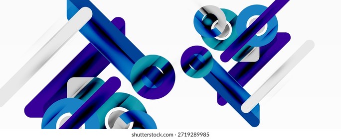 Formas geométricas abstratas se cruzam. Tons azuis e brancos criam um design moderno. Composição minimalista, linhas limpas dominam o espaço visual.