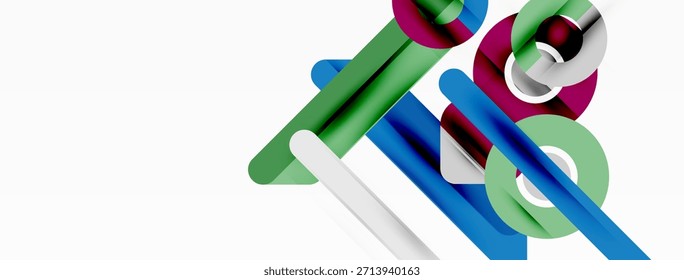Formas geométricas abstratas se cruzam. Cores brilhantes criam composição dinâmica. Design minimalista, linhas limpas, estética moderna.