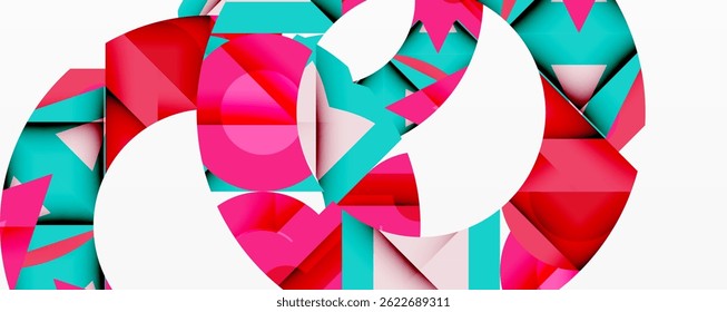 Abstract geometric shapes intertwine. Pink, turquoise, white create dynamic composition. Modern design, clean lines, visual interest.