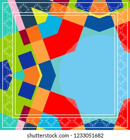 Abstract geometric shapes and lines pattern with white ornamental frame border for silk scarf shawl design. Ethnic motif for textile fabric print