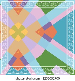 Abstract geometric shapes and lines pattern with white ornamental frame border for silk scarf shawl design. Ethnic motif for textile fabric print