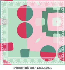 Abstract geometric shapes and lines pattern with white ornamental frame border for silk scarf shawl design. Ethnic motif for textile fabric print