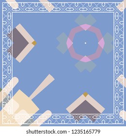 Abstract geometric shapes and lines pattern with white ornamental frame border for silk scarf shawl design. Ethnic motif for textile fabric print