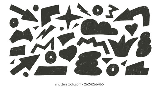 Abstract geometric shapes linocut drawn set. Stars, crown, arrows and vector figures by marker. Organic linocut squiggles stickers doodle isolated on white background. Graphic grunge elements.
