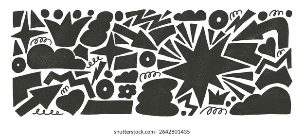 Abstract geometric shapes linocut drawn set. Stars, crown, arrows and vector figures by marker. Organic linocut squiggles stickers doodle isolated on white background. Graphic grunge elements.