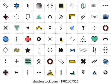 Abstract Geometric Shapes. Memphis Design Elements set. Color Retro Minimal Cover Template Design for Web, Poster and Commercial Banner. Modern abstract background. Vector illustration.