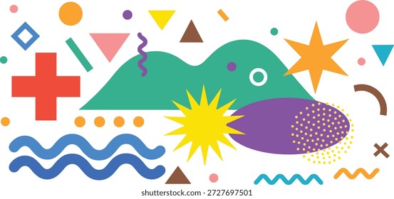 Formas geométricas abstratas, elementos de design memphis, padrões coloridos, fundo criativo, composição de arte na moda, pano de fundo de moda vibrante, ilustração vetorial moderna