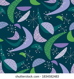 Abstract Geometric Shapes In Midcentury Modern Style  Seamless Pattern For Background, Fabric, Textile, Wrap, Surface, Web And Print Design. Violet And Green Xmas Vibes Vector Rapport For Textile. 
