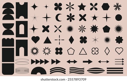 Abstract geometric shapes, minimalist brutalism forms, basic figures, stars, circles, ovals, flowers, arrows, arches, black vector illustration EPS10.