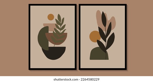 Resumen de formas geométricas y elementos de hoja minimalista.Conjunto de vectores de arte mural botánico.Ilustración de forma abstracta del tono de la Tierra.Diseño abstracto de arte de planta para impresión, cubierta, arte de pared mínimo y natural.