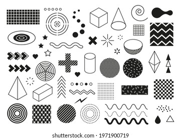 Abstract Geometric Shapes. Modern Minimal Graphic Elements. Wave, Triangle, Line Half Circle, Cube Shape. Memphis Design Element Vector Set. Curved And Dashed Lines, Swirls And Stars