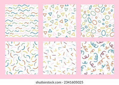 Abstract geometric shapes modern seamless pattern set. Childish colorful hand drawn vector illustration