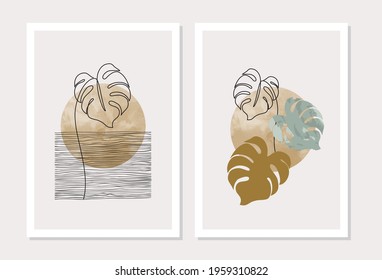 Abstract geometric shapes, monstera plant poster set in mid century style. Modern illustration: tropical leaves, geo elements for print, poster, boho wall decor, flat design Vector minimal art