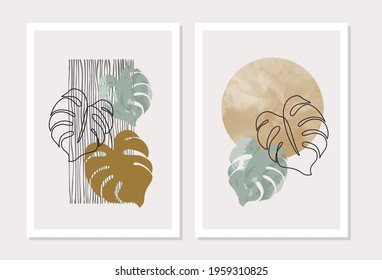 Abstract geometric shapes, monstera plant poster set in mid century style. Modern illustration: tropical leaves, geo elements for print, poster, boho wall decor, flat design Vector minimal art