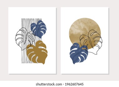 Abstrakte geometrische Formen, Monstera-Pflanzenposter im Stil des Mitteljahrhunderts. Moderne Abbildung: tropische Blätter, Geo-Elemente für Druck, Plakate, boho-Wanddekor, Flachdesign Vecececminimal art