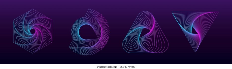 Abstract geometric shapes with neon lines. Neon shapes create dynamic patterns. Geometric lines form abstract designs with vibrant neon colors on a dark background. Graphic vector illustration set.