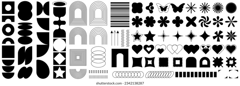 Abstract geometric shapes in Neubrutalism style. Modern vector illustration, star, flower, square, oval, grid, and other elements. Black and white illustration on isolated white background.