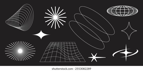 Formas geométricas Abstractas sobre un fondo negro. Los patrones geométricos incluyen espirales, estrellas y rejillas. Las líneas y Formas Abstractas crean un diseño dinámico. Formas geométricas frescas, conjunto de elementos. Vectores.