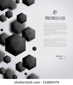 Abstract geometric shapes on bright background. Vector illustration. Polyhedrons or Crystals. Technology or scientific backdrop. Can be used as Black Friday flyer template.