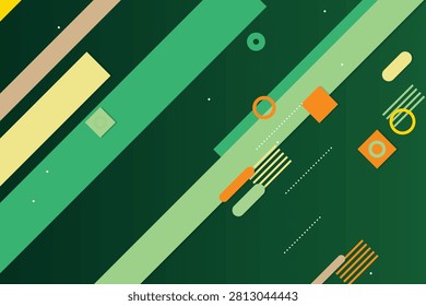Abstract geometric shapes on neon-green gradient background, with orange accents circles