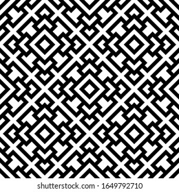 Abstract geometric shapes on a white background. Black contour squares and rhombuses. Seamless pattern. Vector drawing. Texture.