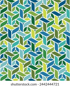 Abstract geometric shapes on a white background. Seamless repeating pattern with small multi-colored curved rectangles in yellow, green, and blue. Mosaic with a modern and intricate design.