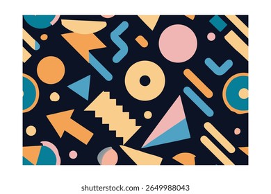Abstract geometric shapes in orange pink blue on a dark navy seamless pattern vector