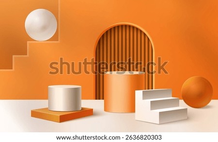 Abstract geometric shapes in orange and white - minimal composition with round podium, square blocks, arched panel and stairs. 3d simple architectural forms. modern interior design or product display.