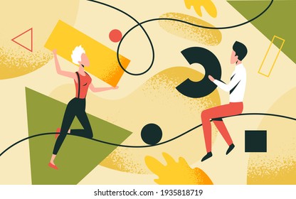 Abstract geometric shapes organization vector illustration. Cartoon people organize colorful diagram figures, work, collect and carry forms of geometry together from chaos contemporary background