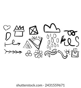 Abstract geometric shapes ornament patterns.Hand drawn set elements for concept design. vector illustration. black on white background. Arrow, hearts,love, star, leaf,flower,crown.