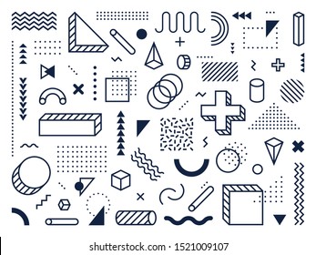 Abstract geometric shapes. Outline circle, triangle and cube. Trendy memphis style symbols, lines and dots patterns. Geometry maths hipster ornament abstract signs. Isolated vector icons set