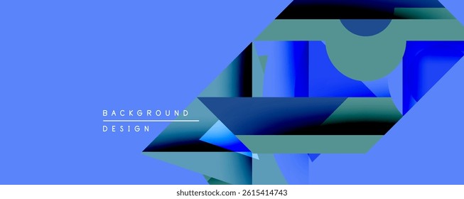 Abstract geometric shapes overlap blue background. Modern design elements create dynamic visual composition. Smooth gradients enhance depth.
