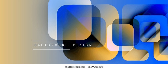 Abstract geometric shapes overlap. Blue, gold hues dominate design. Minimalist style, modern aesthetic, clean lines present.