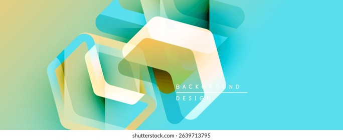 Abstract geometric shapes overlap. Blue, yellow, green hues create modern design. Light gradients add depth, texture. Minimalist background present.
