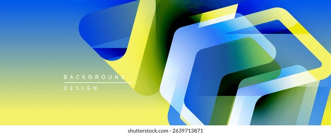 Abstract geometric shapes overlap. Blue, yellow, green gradients create modern background design. Minimalist style, vibrant colors.
