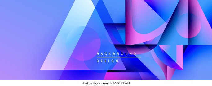 Abstract geometric shapes overlap. Blue, purple hues dominate composition. Modern design suggests technology, innovation. Gradient effects create depth.