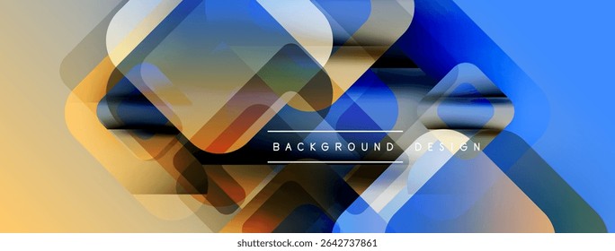 Abstract geometric shapes overlap. Blue, orange hues dominate design. Modern aesthetic, clean lines create dynamic visual impact.